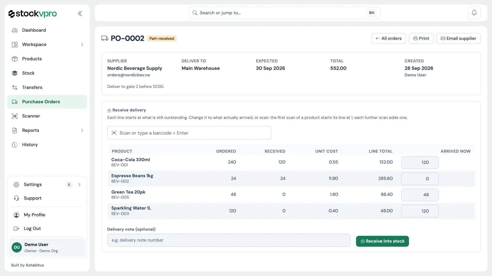 A purchase order, part received: the supplier, the delivery location, and each line with what was ordered, what arrived and what is still to come.