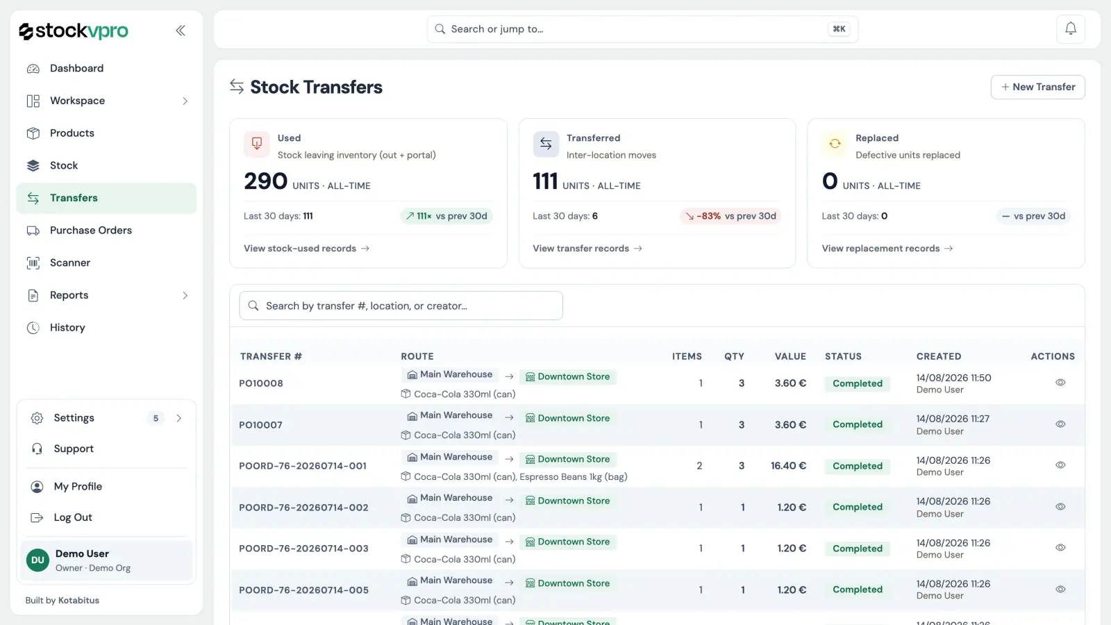 The Stock Transfers screen: units used, transferred and replaced, and each transfer with its route, value and status.