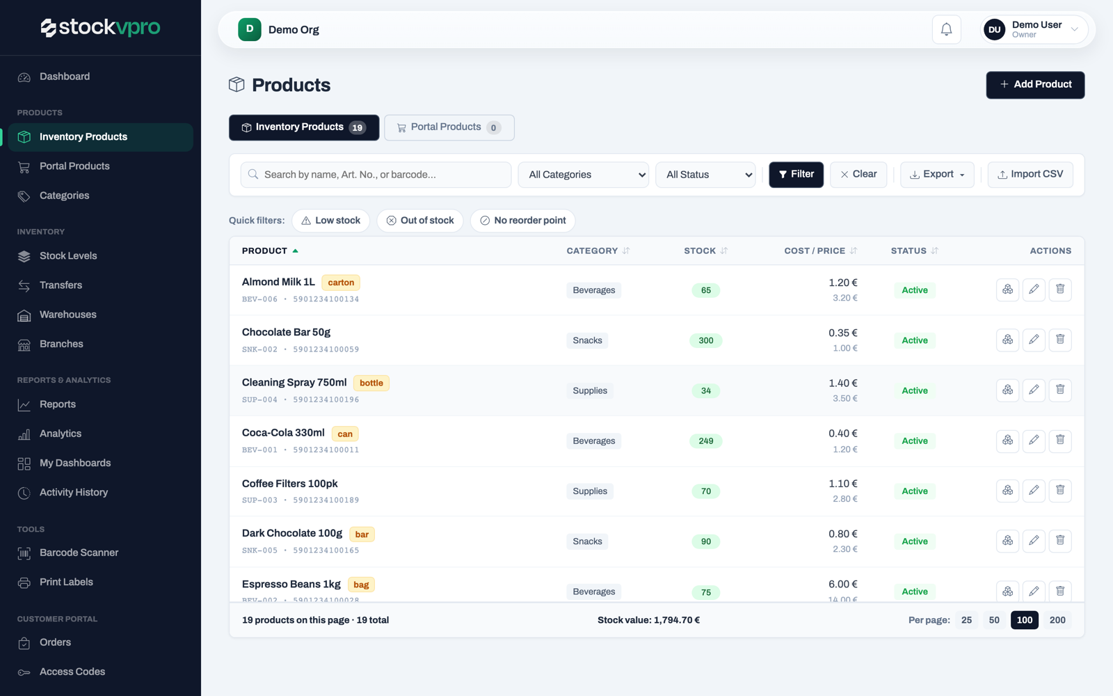 Products list